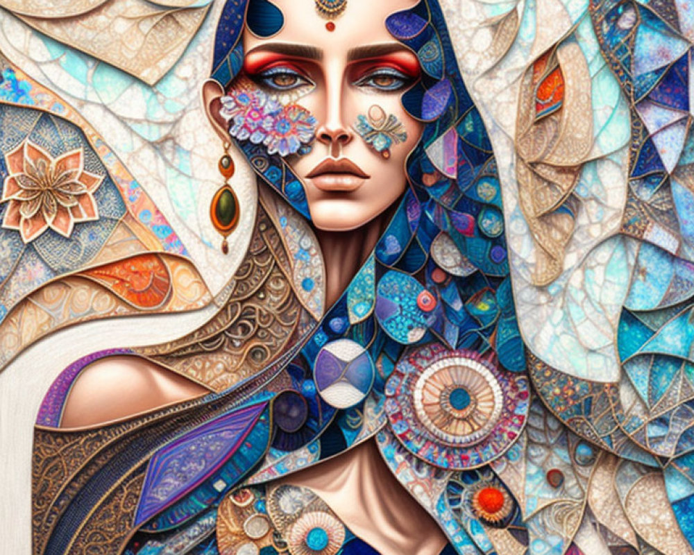 Colorful digital artwork of a woman with mosaic patterns and ornate jewelry.