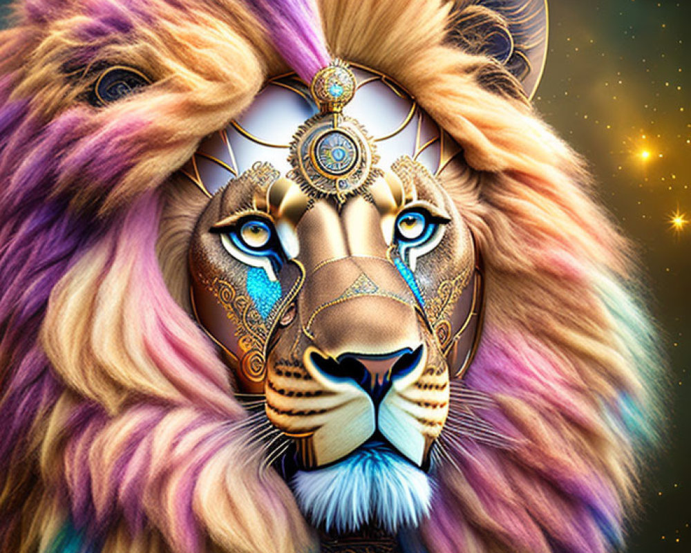 Colorful Lion Illustration with Purple, Blue, and Gold Mane and Tribal Patterns