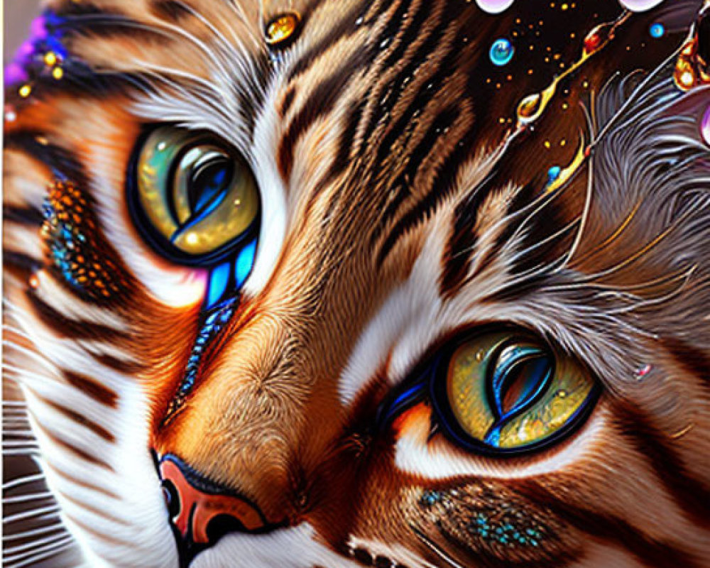 Detailed Close-Up Cat Face Digital Artwork with Vibrant Colors