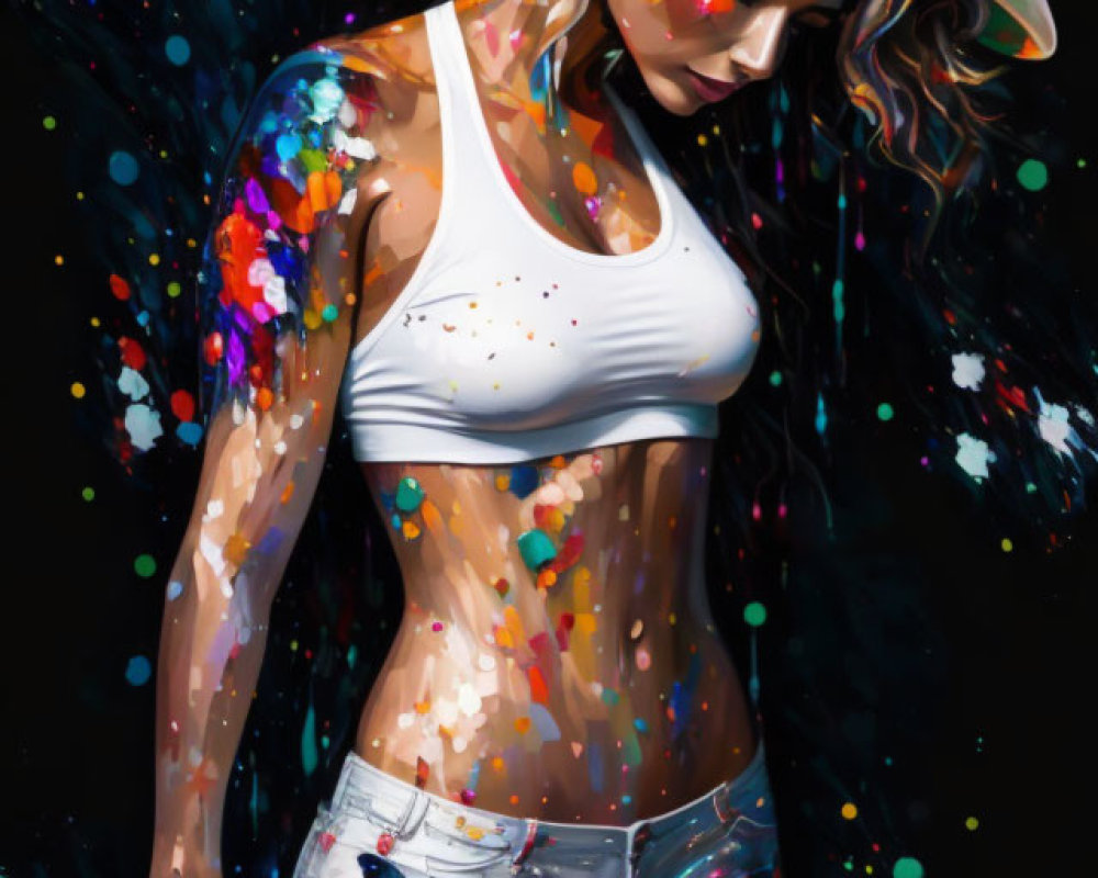 Colorful Splatter Design on Woman Against Black Background