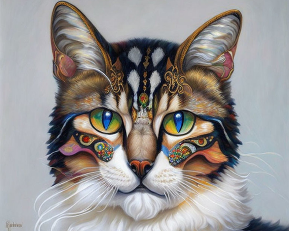 Detailed painting of a cat with vibrant green eyes and tribal-inspired fur patterns