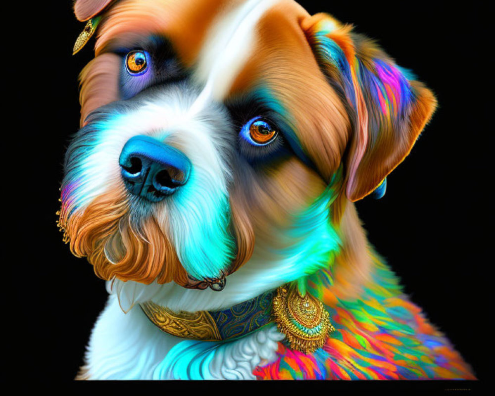 Colorful Dog Artwork with Golden Collar on Black Background