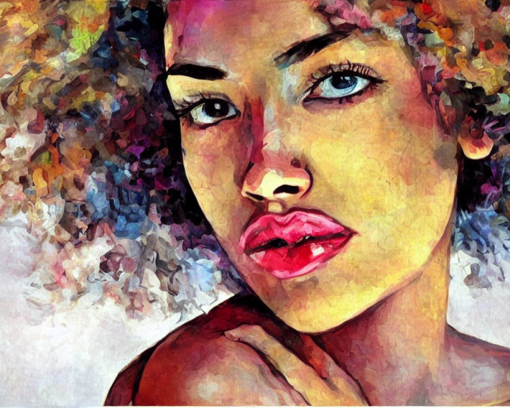 Vibrant painting of woman with curly hair and red lips