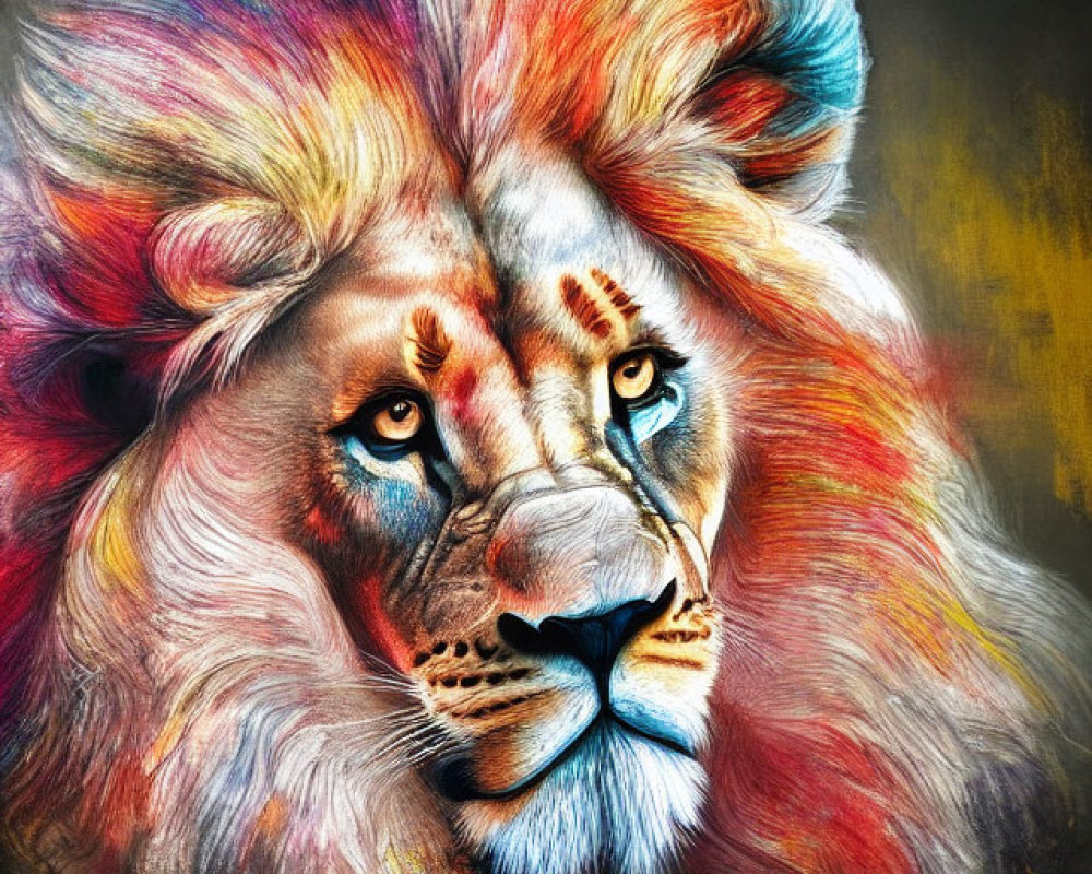 Colorful lion artwork with vibrant blues, reds, and yellows.