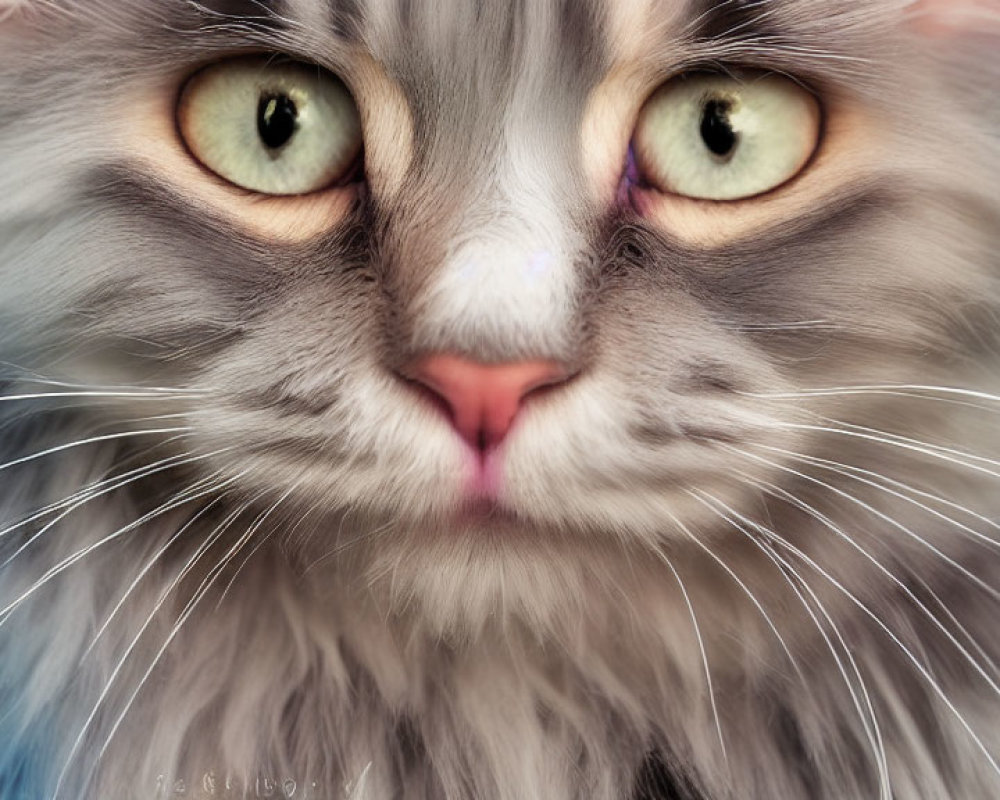 Fluffy gray cat with green eyes and pink nose.