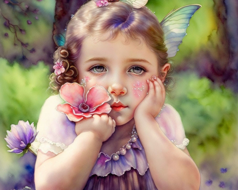 Portrait of young girl with blue eyes holding flower and butterfly against green background