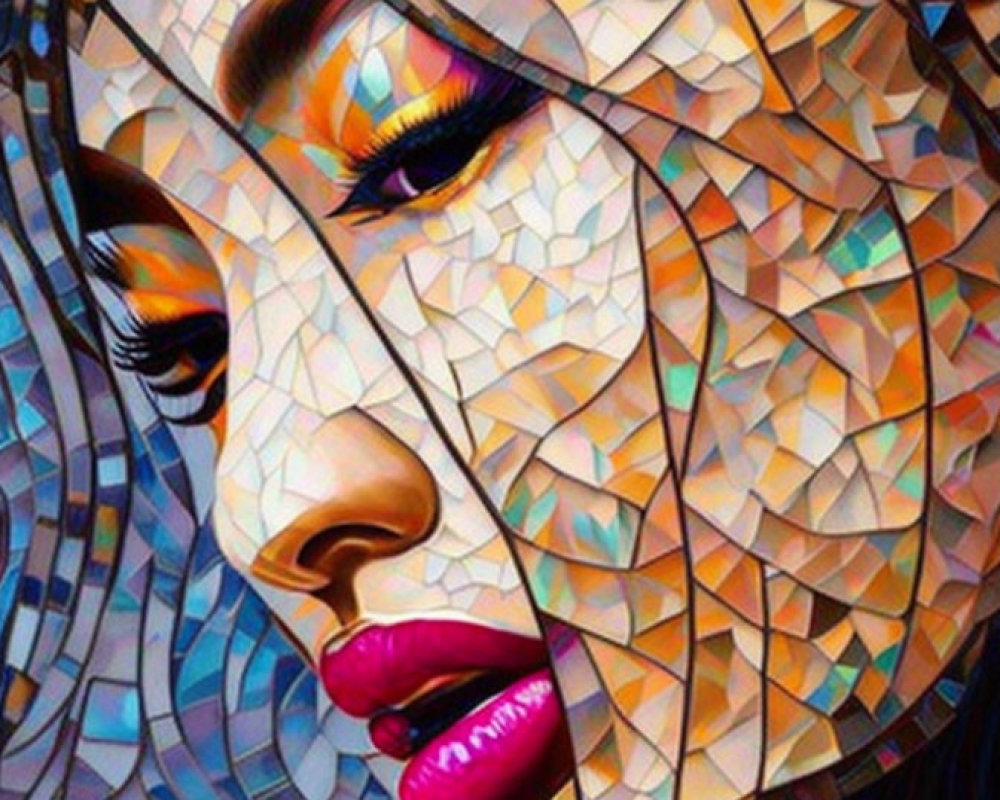 Vibrant mosaic artwork of a woman's profile with bold makeup and abstract geometric design