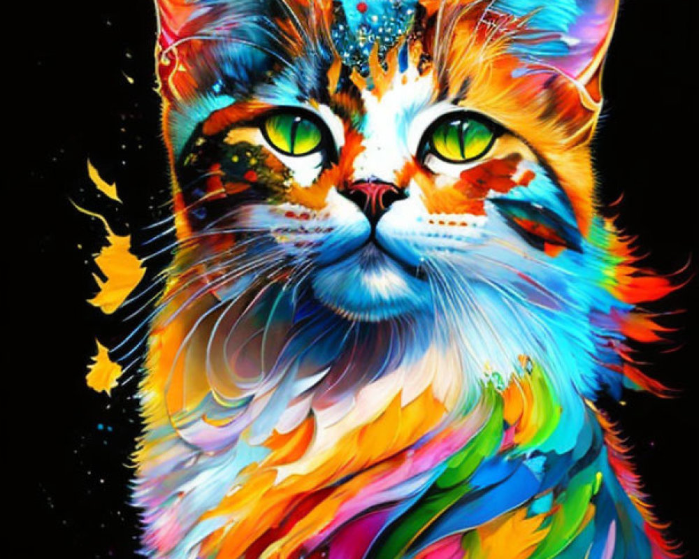 Colorful Cat Painting with Bright Hues on Black Background