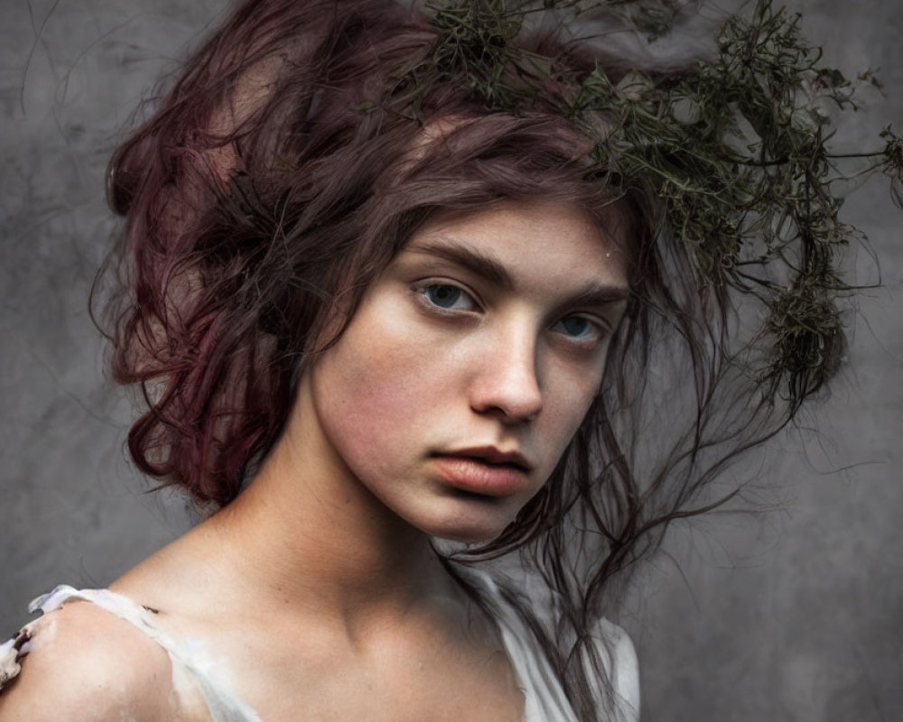 Young Person with Reddish-Brown Hair and Blue Eyes in Tattered White Garment