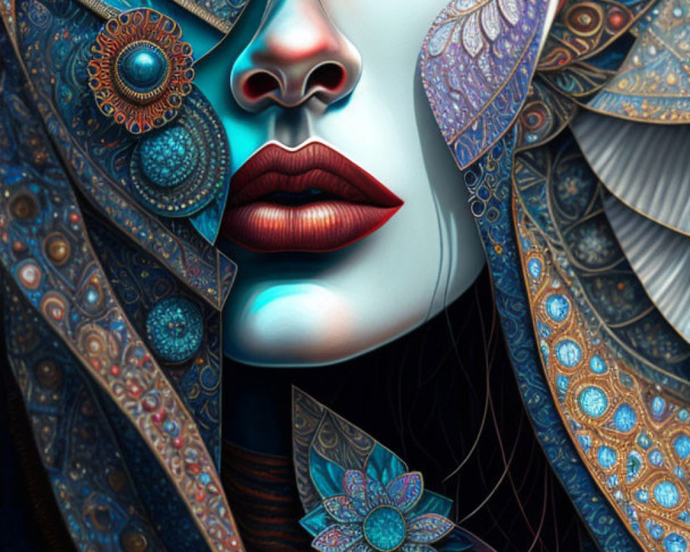 Detailed Vibrant Artwork of Woman with Intricate Patterns and Jewel-like Decorations