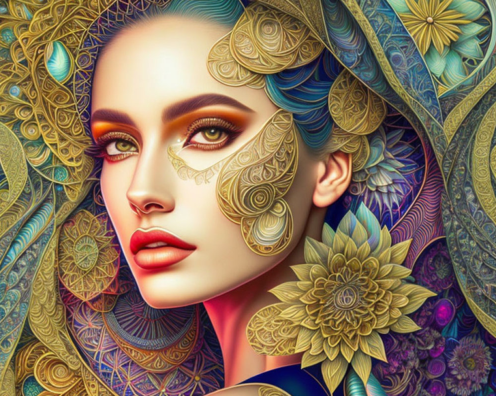 Colorful digital artwork featuring woman with intricate floral patterns.