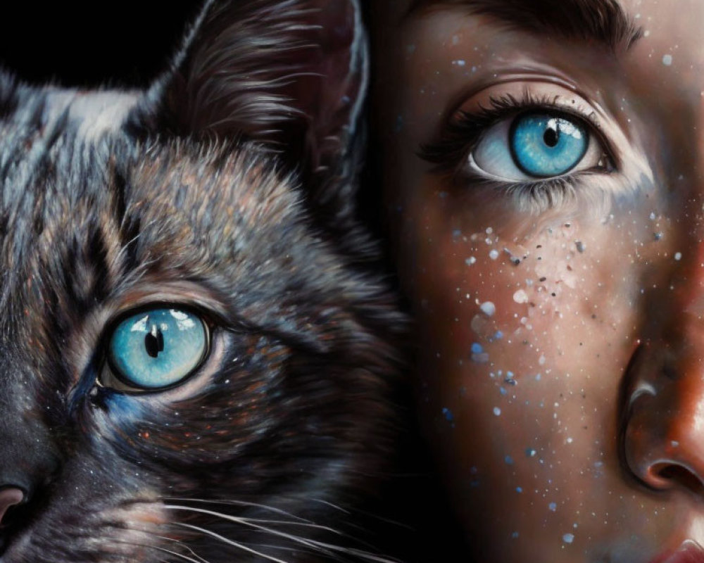 Close-up Artwork of Tabby Cat and Woman with Blue Eyes Showing Human-Animal Connection