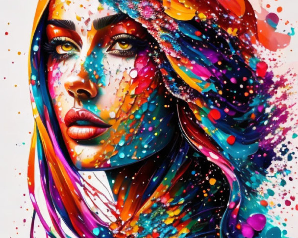 Colorful artwork of woman with flowing hair and abstract elements