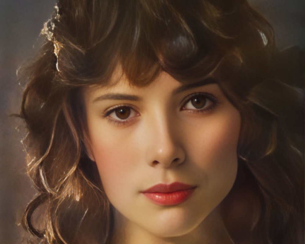 Portrait of woman with curly hair, red lips, and headband exudes classic, romantic aura