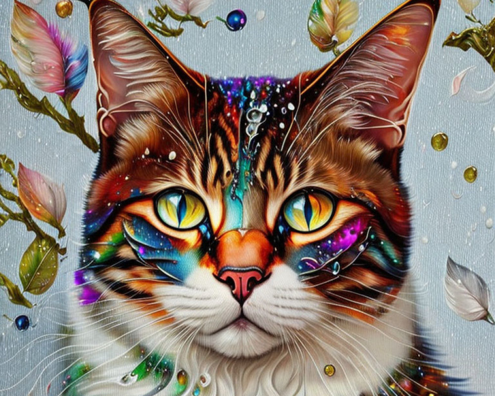 Vibrant cat with multicolored fur and kaleidoscopic eyes in whimsical setting