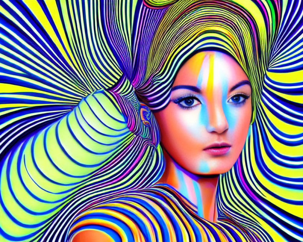 Colorful Psychedelic Portrait of Woman in Swirling Patterns