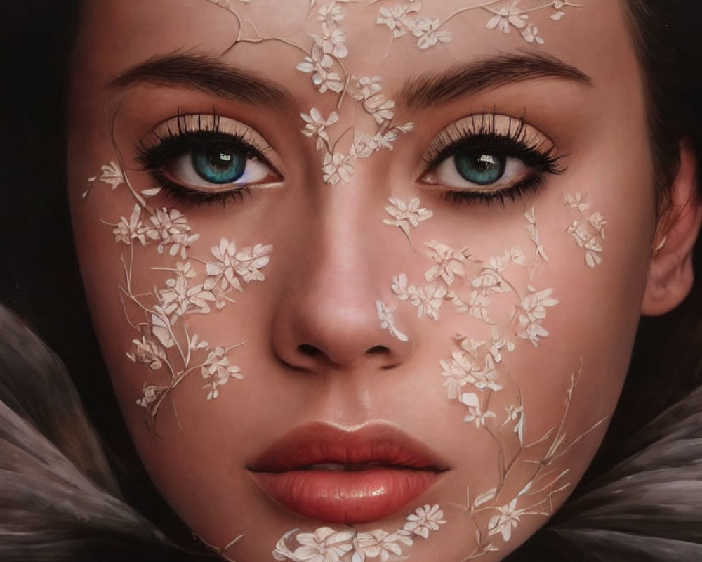 Close-up portrait featuring woman with blue eyes and delicate white flowers for a mesmerizing effect