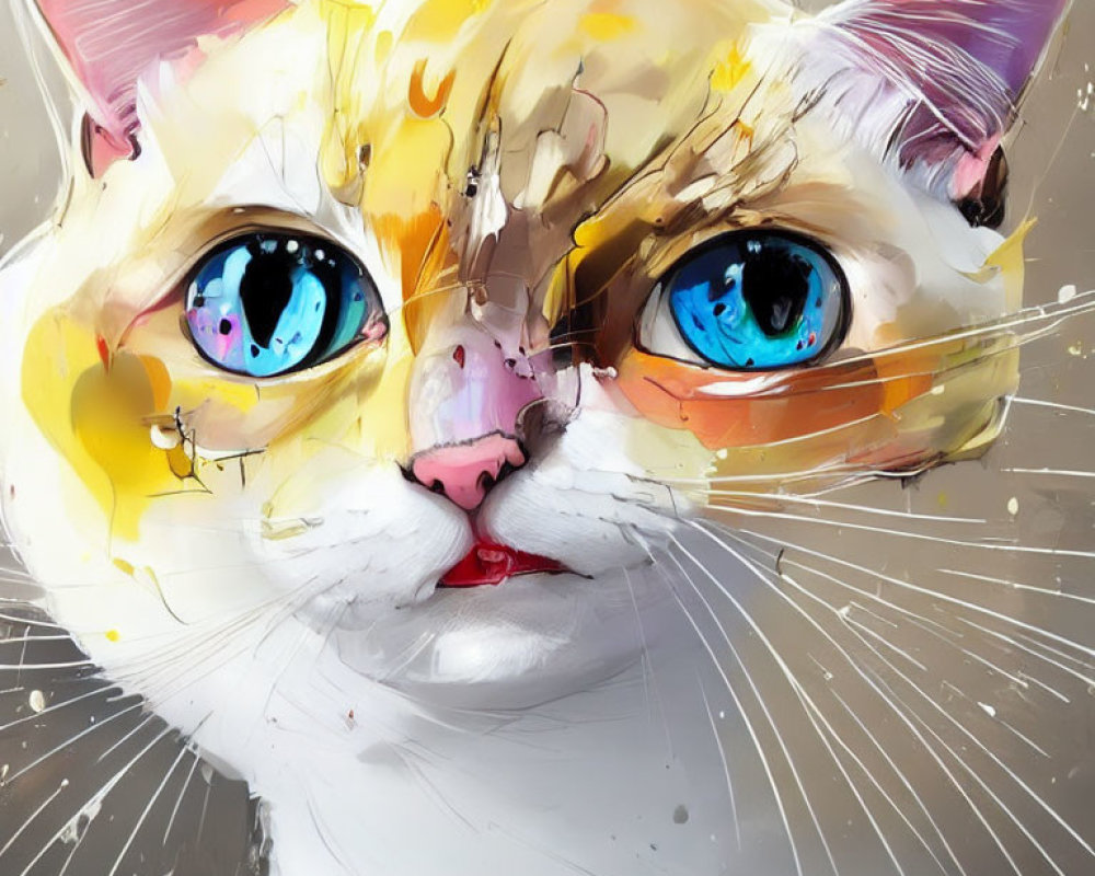 Digital artwork of a cat with splattered paint effect, vivid blue eyes