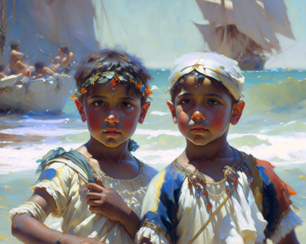 Children in historical clothing on beach with sailboats in background