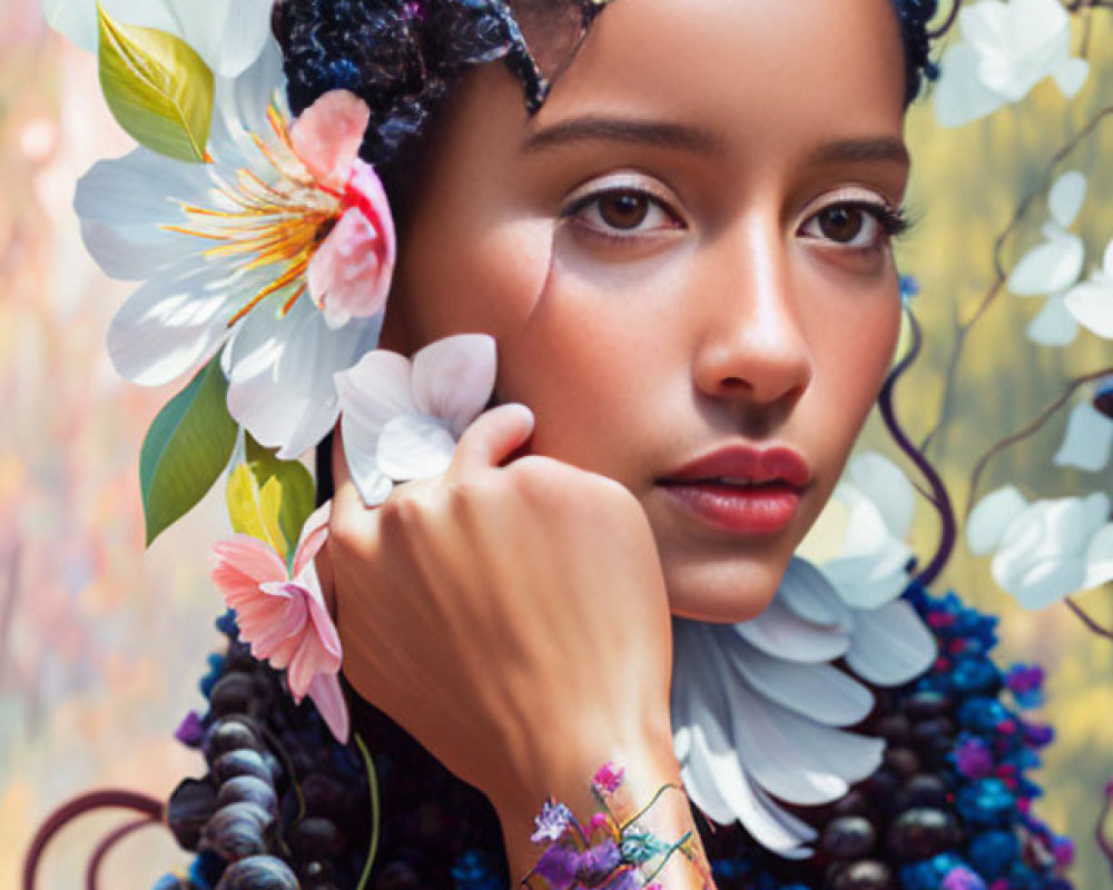 Woman with Floral Adornments and Botanical Tattoos in Ethereal Setting