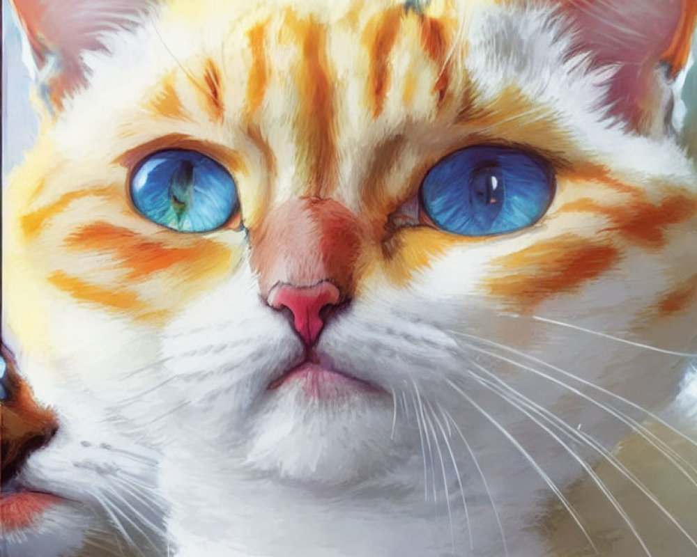 Detailed Close-Up Digital Artwork of Orange and White Cat with Striking Blue Eyes