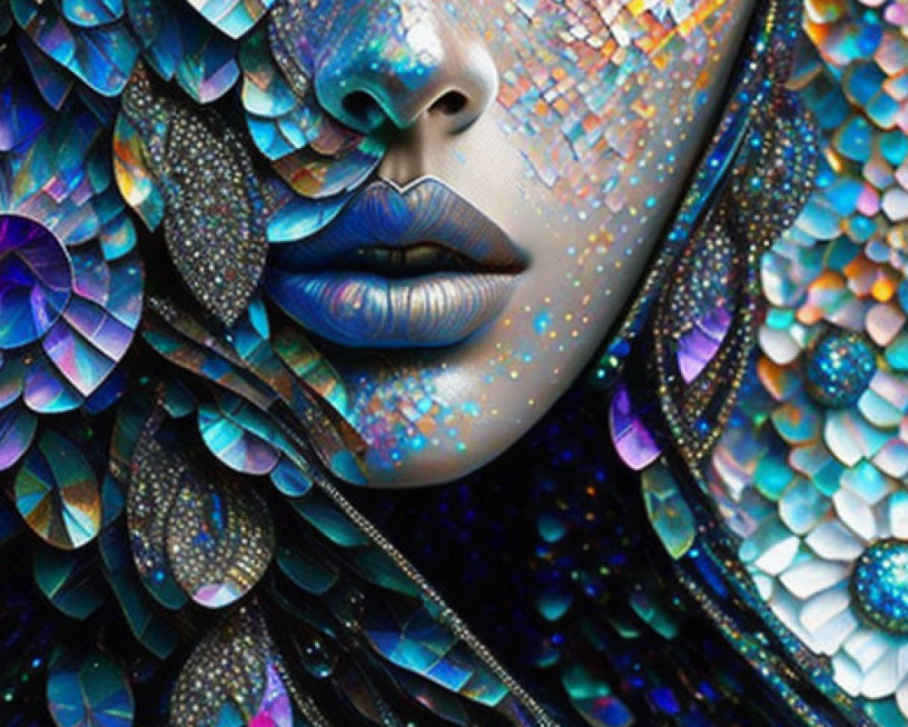 Woman's Face with Vibrant Blue and Iridescent Scales and Shimmering Makeup