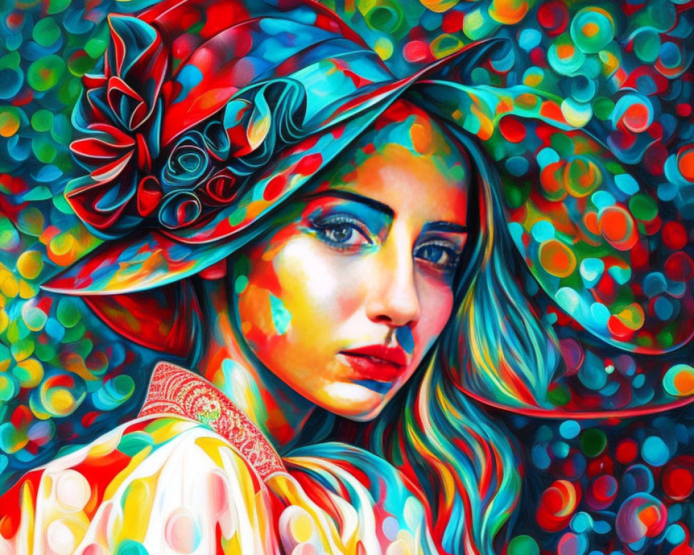 Colorful portrait of a woman with decorative hat in bright, circular patterns