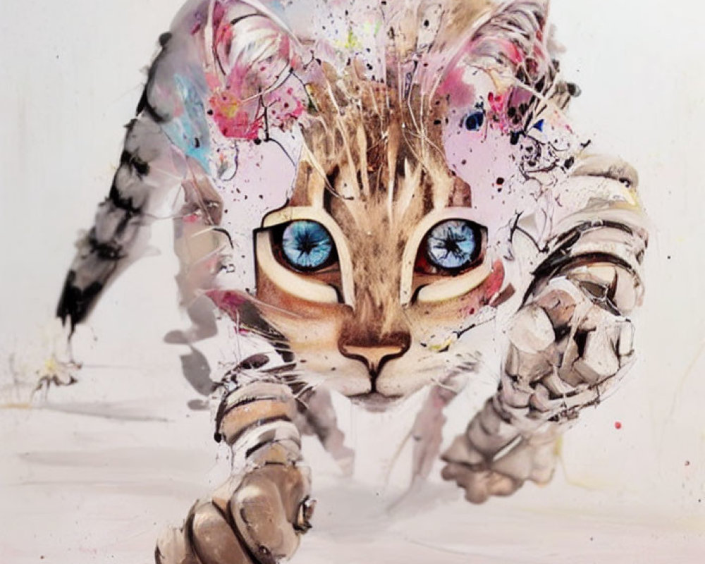 Colorful Cat Artwork with Exaggerated Blue Eyes and Abstract Paint Splashes