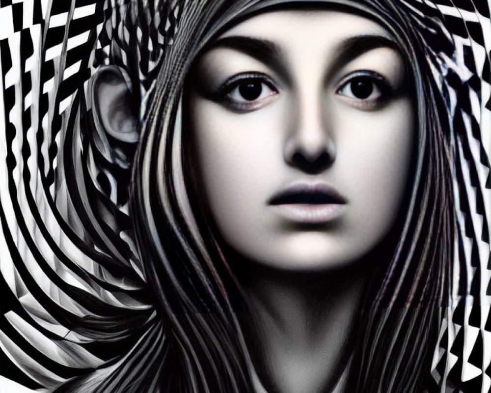 Photorealistic female face in digital art against abstract spiral backdrop