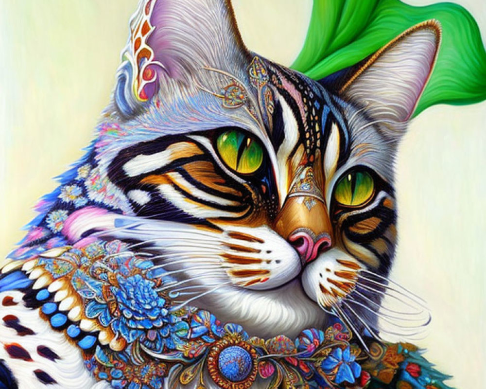 Colorful Fantastical Cat with Yellow Eyes on Green Background