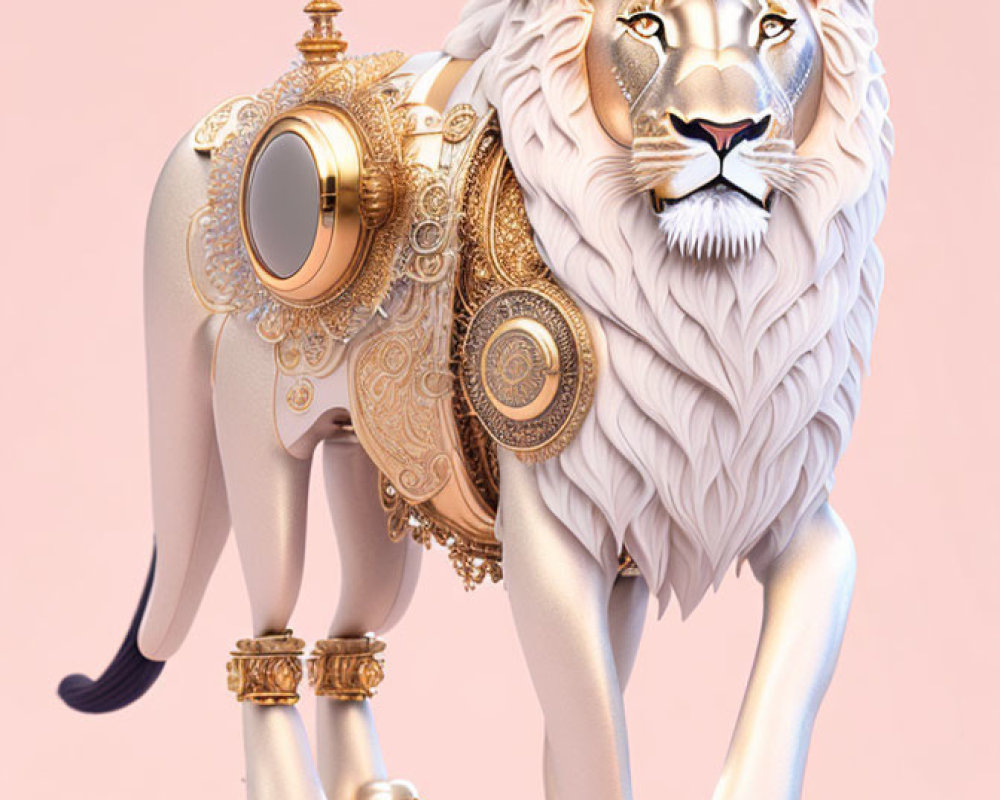 Stylized white lion with golden armor and ornaments