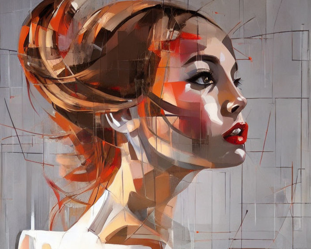 Abstract Stylized Portrait of Woman with Bun in Gray and Red Tones