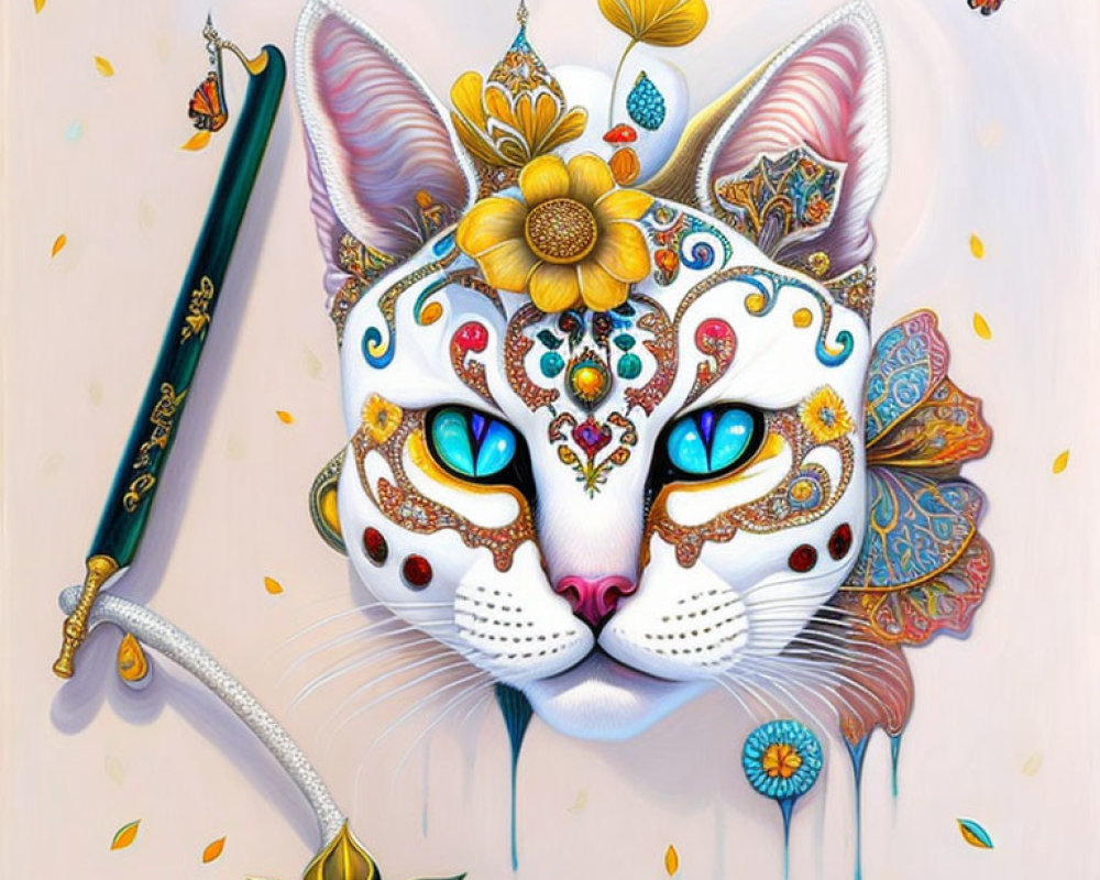 Colorful Cat with Blue Eyes Surrounded by Butterflies and Sword