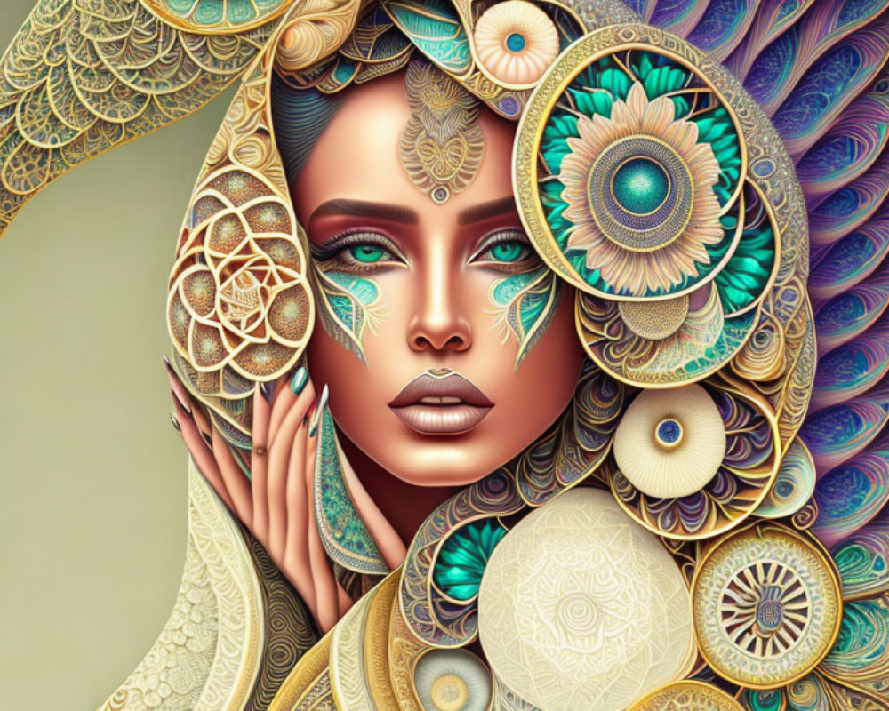 Colorful digital artwork of woman with peacock headdress and intricate mandala designs