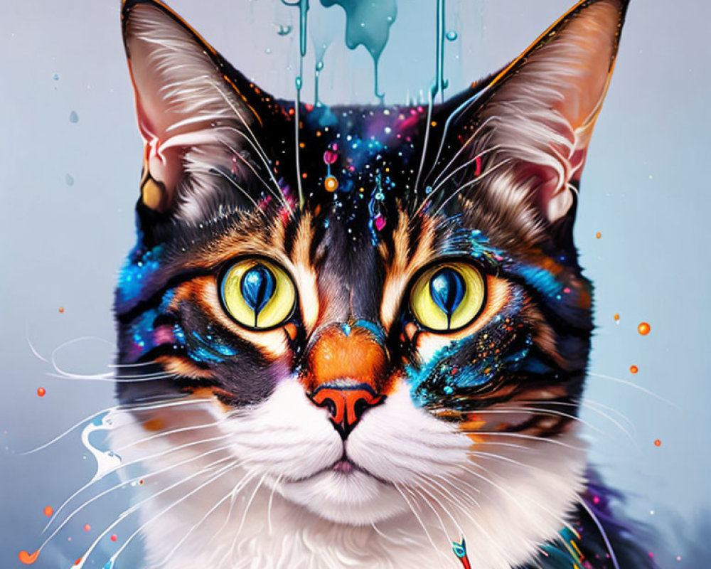 Colorful Digital Artwork: Cat with Large Yellow Eyes and Paint Splatters