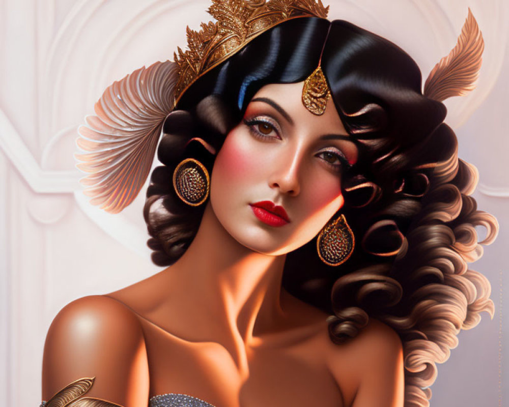 Illustration of woman with wavy hair, gold accessories, and red eyeshadow