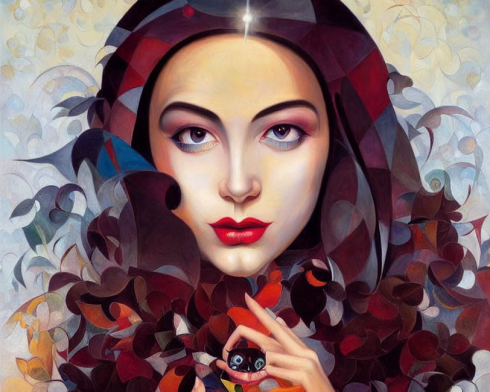 Stylized portrait of woman with large eyes and red lips in red and black floral garment