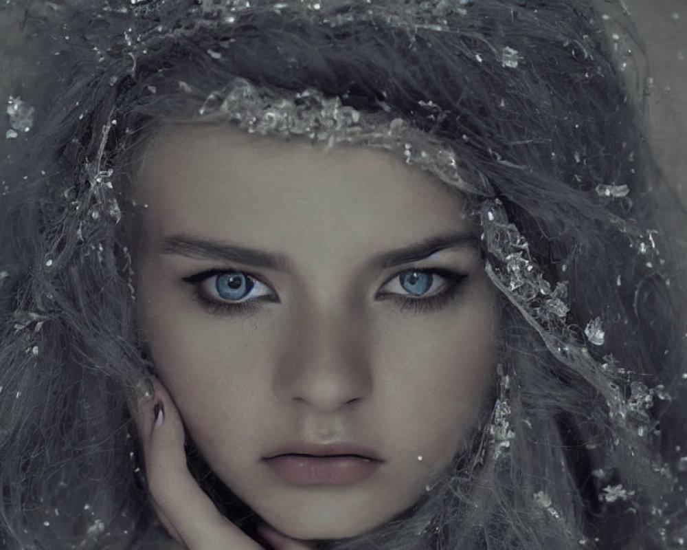 Person with Striking Blue Eyes and Snowflakes in Hair: Ethereal Winter Look