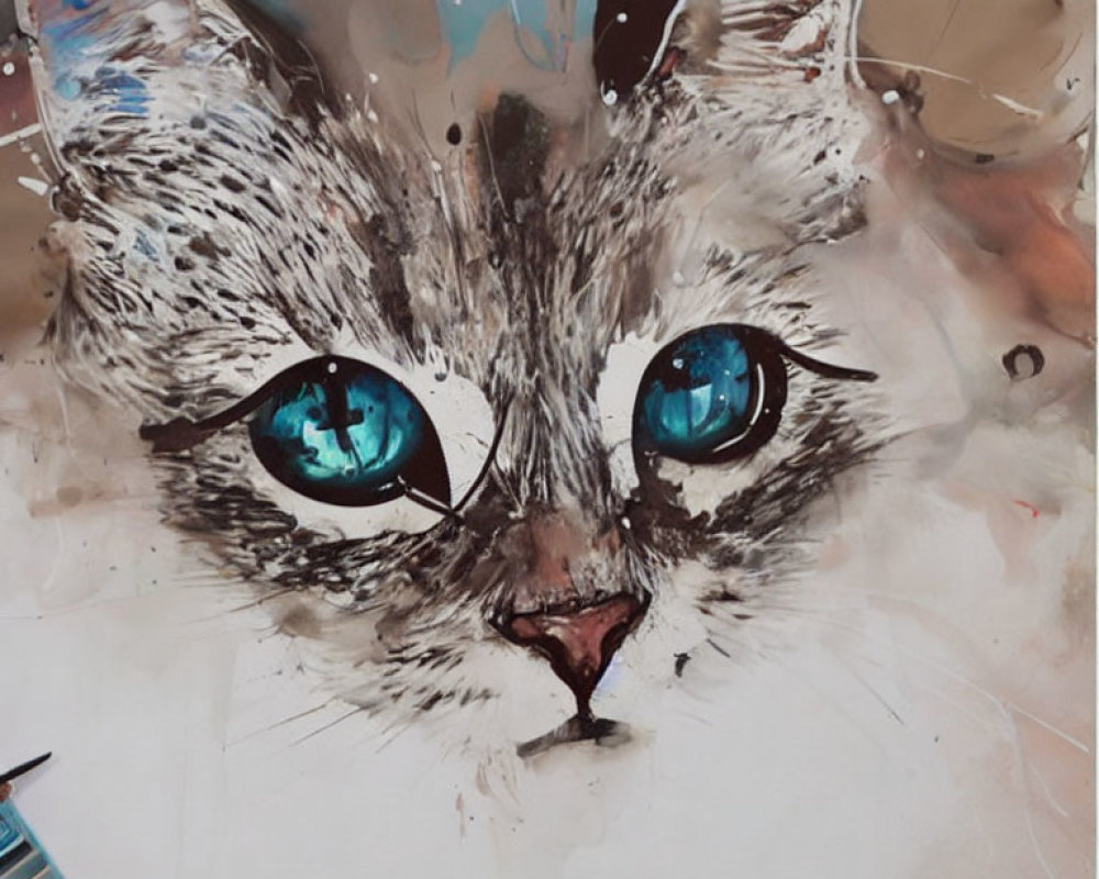 Colorful Painting of Cat with Striking Blue Eyes