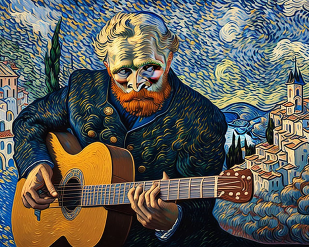 Modern painting of a bearded man playing guitar with Van Gogh's style twist