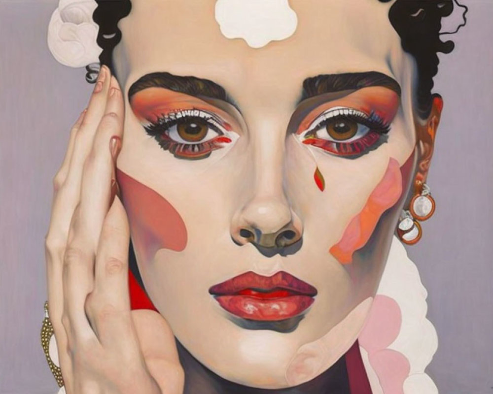 Surreal portrait of woman with disproportionate eyes and red tear-like shapes, adorned with elegant jewelry