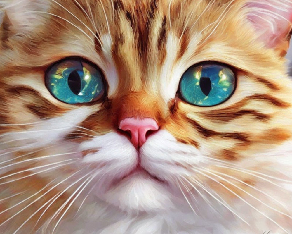 Close-up Digital Painting of Orange and White Cat with Turquoise Eyes