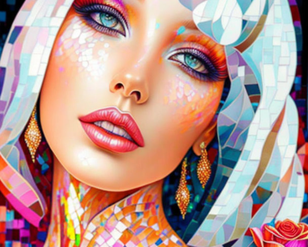 Colorful digital artwork: woman with mosaic design, bold makeup, iridescent skin, holding rose