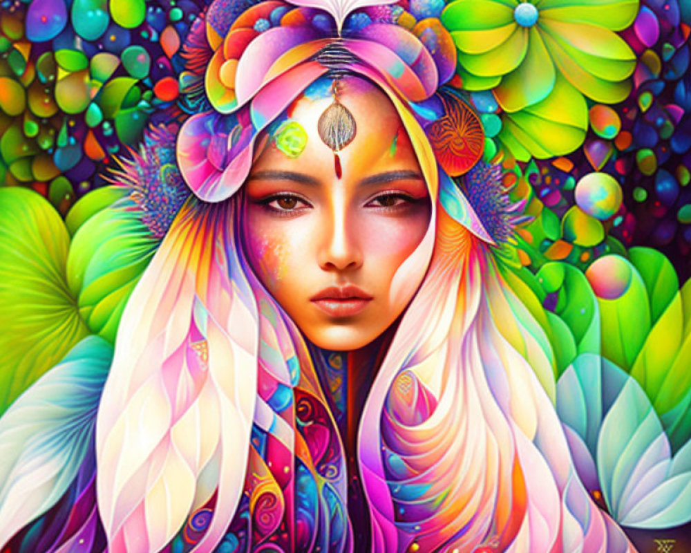 Colorful illustration of a woman in psychedelic fantasy setting.