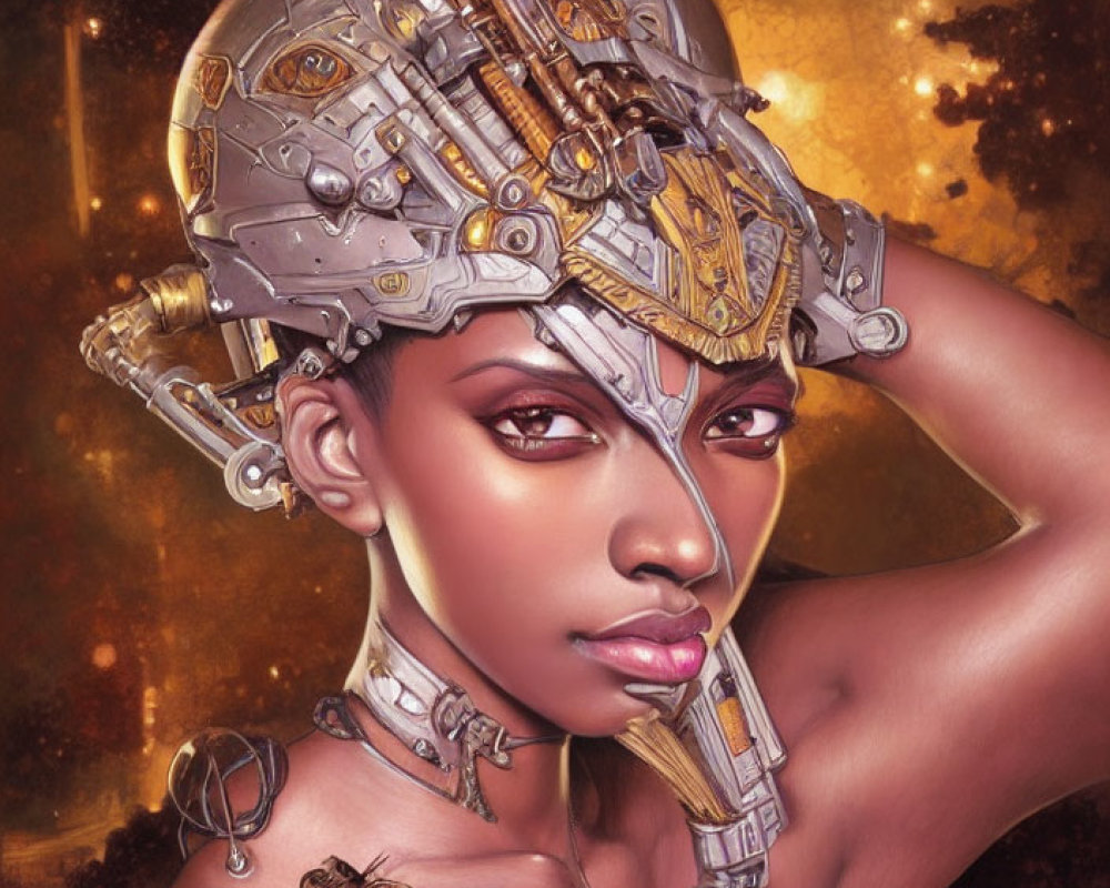 Futuristic digital artwork of woman with cybernetic headgear in golden starry background