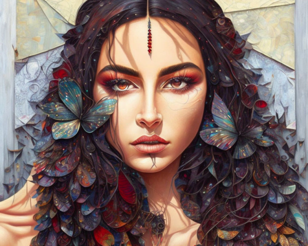 Detailed painting of woman with butterfly wings hair and red bindi, intense eyes and striking makeup