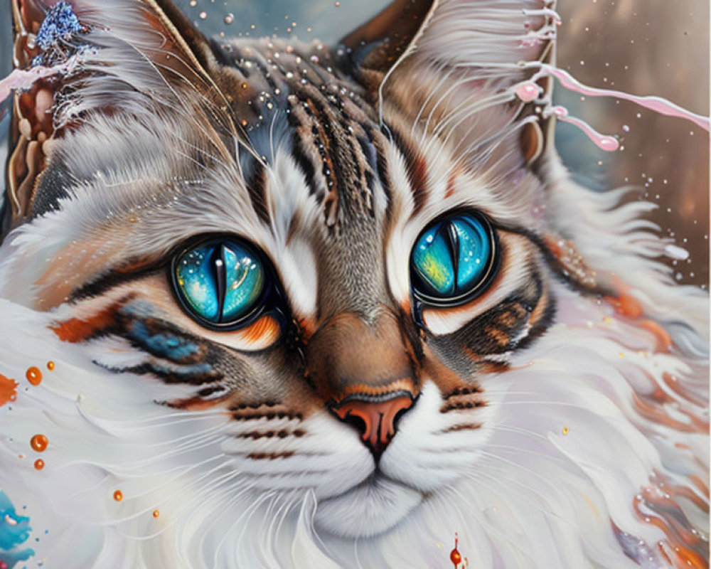 Detailed illustration of fantastical cat with blue eyes and tiger-like markings