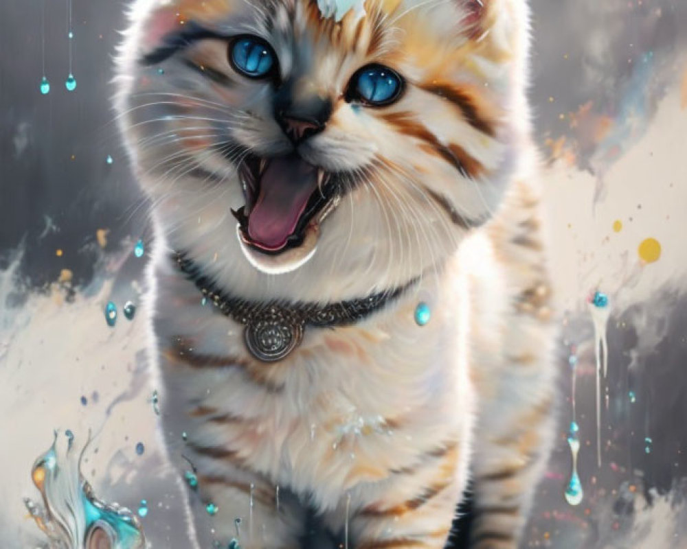 Whimsical kitten digital artwork with blue eyes and orange fur interacting with water splashes