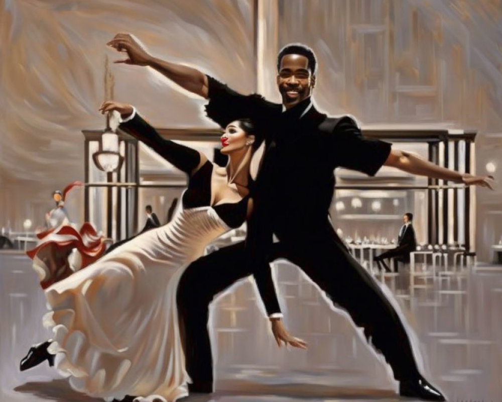 Elegant couple dancing in grand ballroom, man in black attire, woman in white gown, both