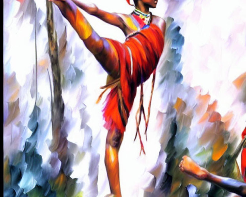 Vibrant orange attire dancer in pose against colorful background